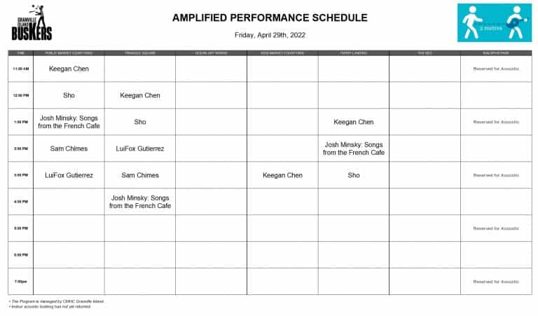 Friday, April 29, 2022: Outdoor Amplified Performance Schedule