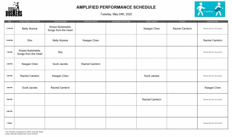 Tuesday, May 24, 2022: Outdoor Amplified Performance Schedule