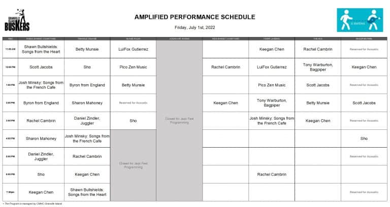 Friday, July 1, 2022: Outdoor Amplified Performance Schedule