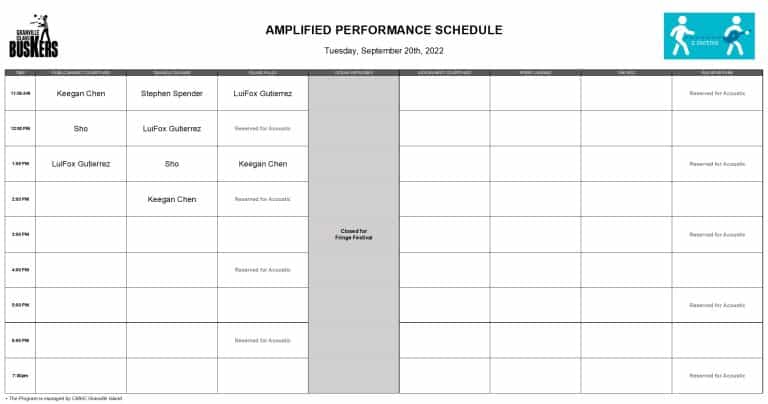 Tuesday, September 20th, 2022: Outdoor Amplified Performance Schedule