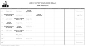 Tuesday, August 22nd, 2023: Outdoor Amplified Performance Schedule