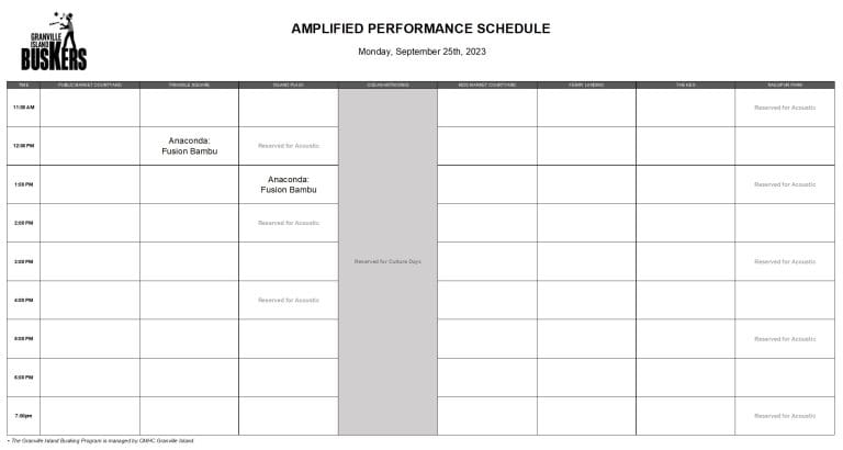 Monday, September 25th, 2023: Outdoor Amplified Performance Schedule