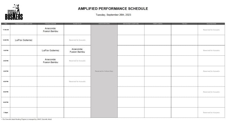 Tuesday, September 26th, 2023: Outdoor Amplified Performance Schedule