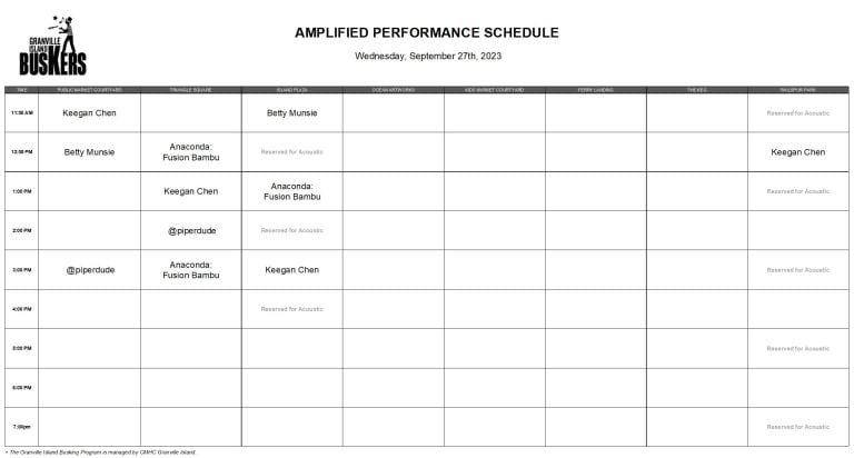 Wednesday, September 27th, 2023: Outdoor Amplified Performance Schedule