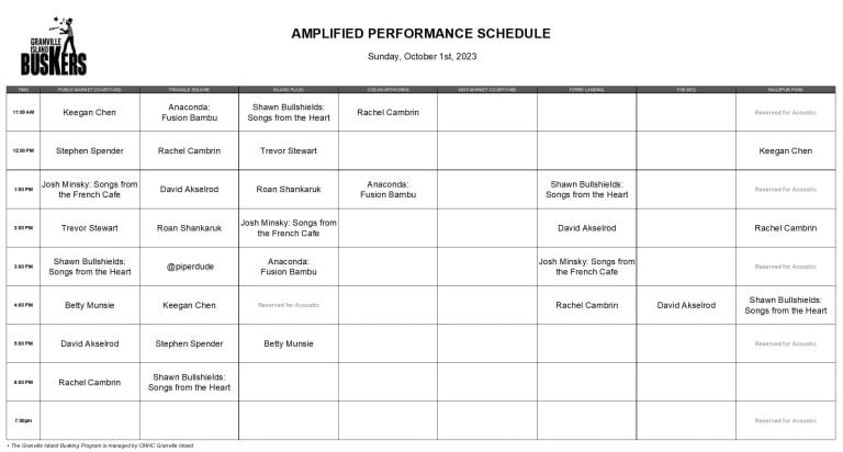 Sunday, October 1st, 2023: Outdoor Amplified Performance Schedule
