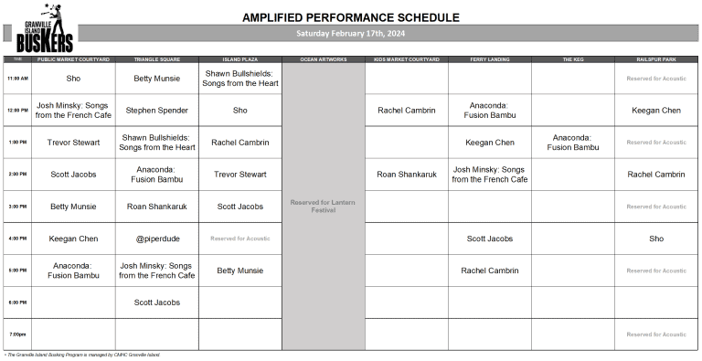 Saturday February 17th 2024: Outdoor Amplified Performance Schedule