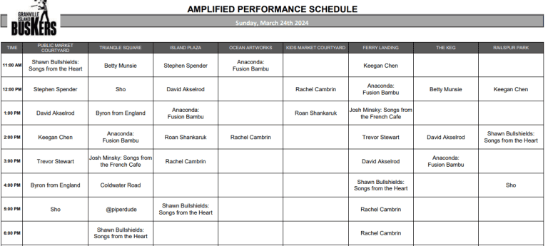 Sunday, March 24th 2024: Outdoor Amplified Performance Schedule