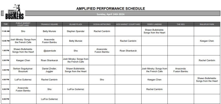 Sunday, April 14th 2024: Outdoor Amplified Performance Schedule