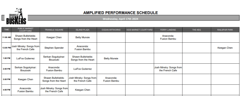 Wednesday, April 17th 2024: Outdoor Amplified Performance Schedule