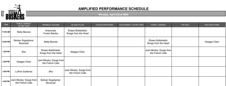 Monday, April 22nd 2024: Outdoor Amplified Performance Schedule