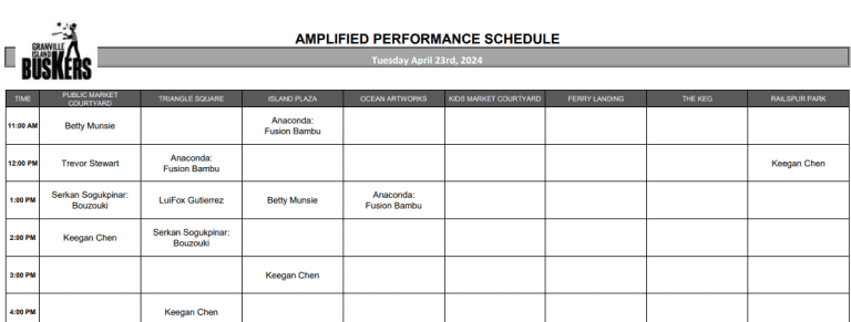 Tuesday, April 23rd 2024: Outdoor Amplified Performance Schedule