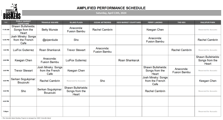 Friday, April 13th 2024: Outdoor Amplified Performance Schedule