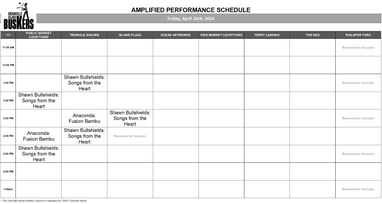 Friday, April 26th 2024: Outdoor Amplified Performance Schedule