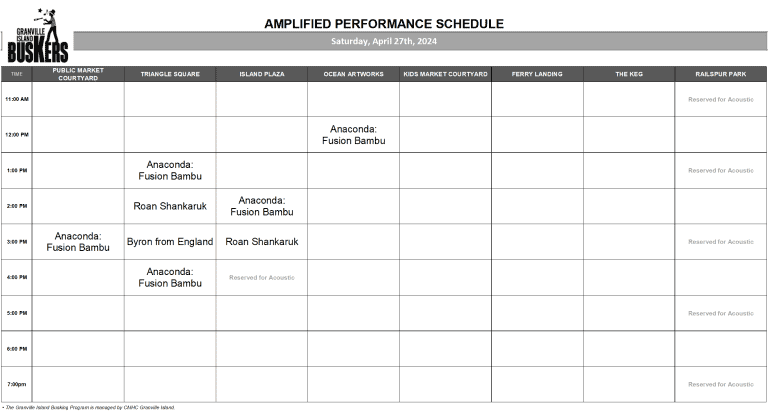 Saturday, April 27th 2024: Outdoor Amplified Performance Schedule