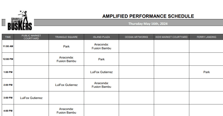 Thursday May 16th, 2024: Outdoor Amplified Performance Schedule