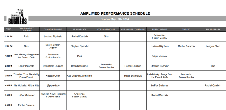Sunday May 19th, 2024: Outdoor Amplified Performance Schedule