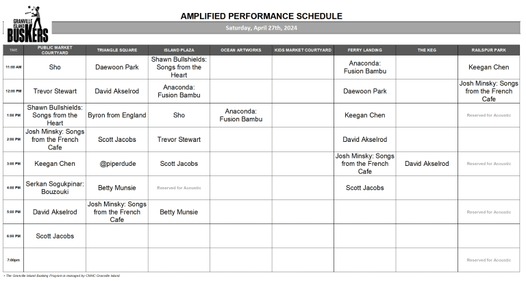Friday, May 3rd 2024: Outdoor Amplified Performance Schedule