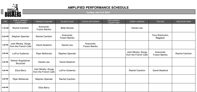 Sunday, July 21st 2024: Outdoor Amplified Performance Schedule