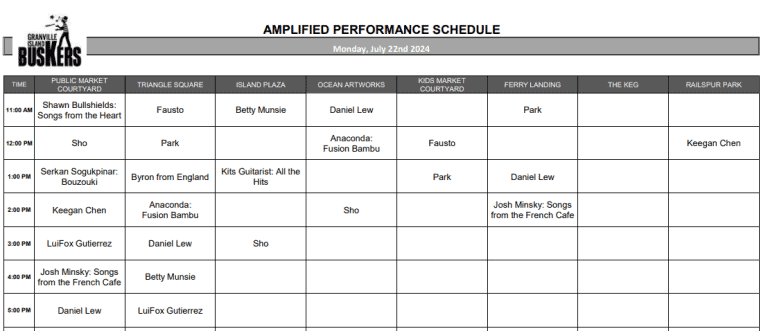 Monday, July 22nd 2024: Outdoor Amplified Performance Schedule