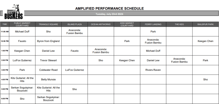 Tuesday, July 23rd 2024: Outdoor Amplified Performance Schedule
