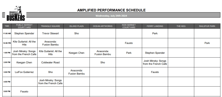 Wednesday, July 24th 2024: Outdoor Amplified Performance Schedule