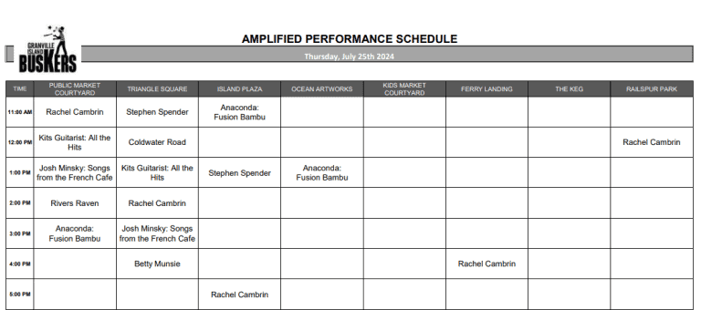 Thursday, July 25th 2024: Outdoor Amplified Performance Schedule