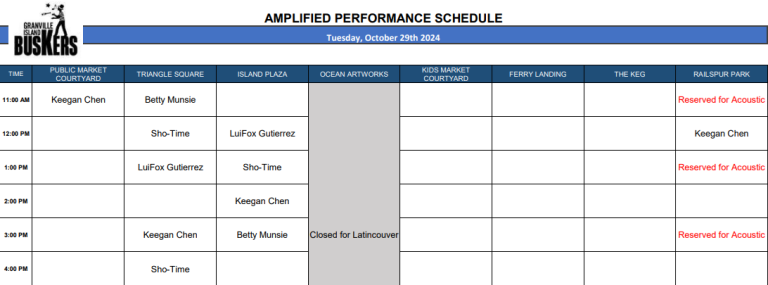 Tuesday, October 29th 2024: Outdoor Amplified Performance Schedule