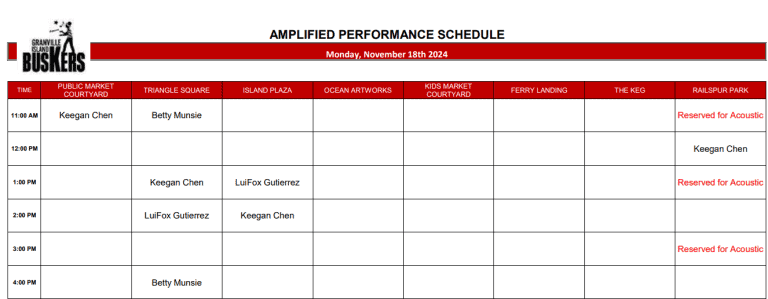 Monday, Nov 18th 2024: Outdoor Amplified Performance Schedule