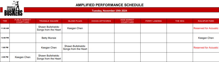 Tuesday, November 19th 2024: Outdoor Amplified Performance Schedule