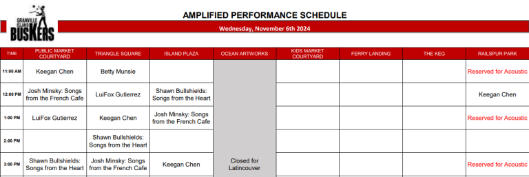 Wednesday, Nov 6th 2024: Outdoor Amplified Performance Schedule