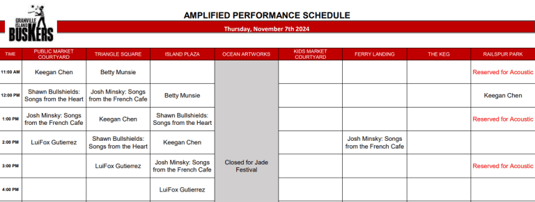 Thursday, Nov 7th 2024: Outdoor Amplified Performance Schedule