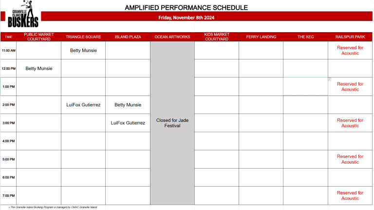 Friday, Nov 8th 2024: Outdoor Amplified Performance Schedule