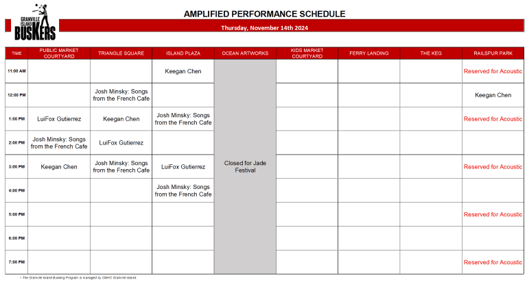 Thursday, Nov 14th 2024: Outdoor Amplified Performance Schedule