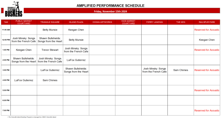 Friday, Nov 15th 2024: Outdoor Amplified Performance Schedule