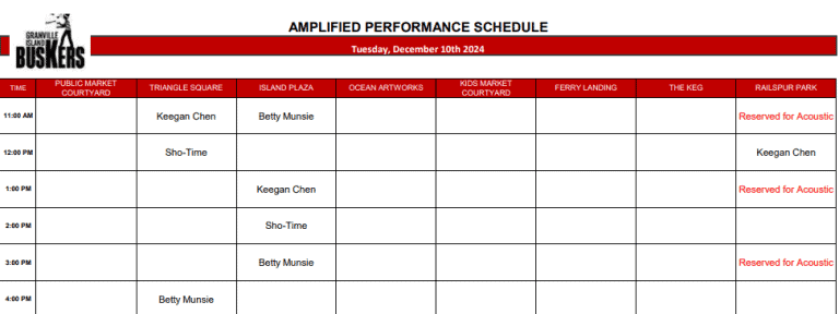 Tuesday, December 10 2024: Outdoor Amplified Performance Schedule