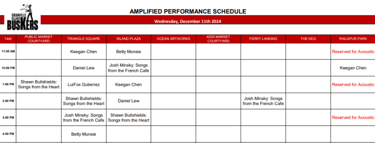 Wednesday, December 11 2024: Outdoor Amplified Performance Schedule