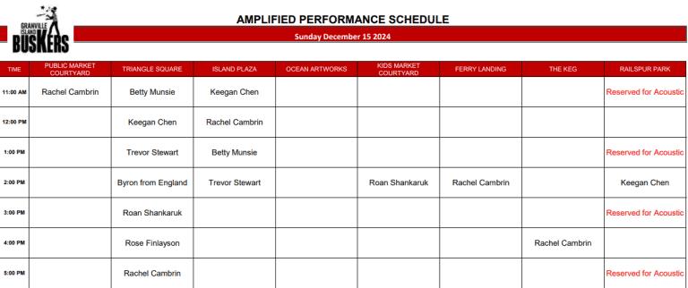 Sunday, December 15 2024: Outdoor Amplified Performance Schedule