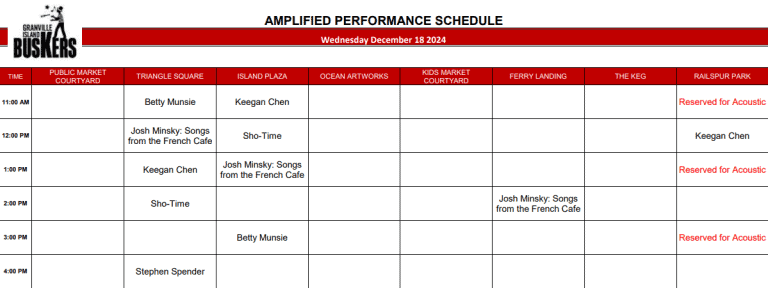 Wednesday, December 18 2024: Outdoor Amplified Performance Schedule