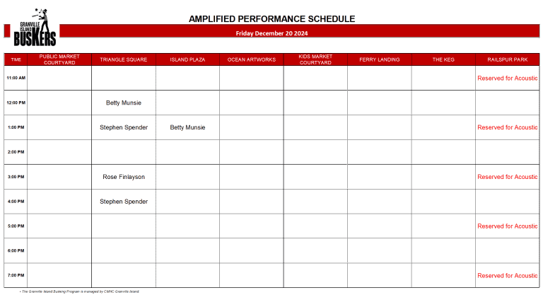 Friday, December 20 2024: Outdoor Amplified Performance Schedule