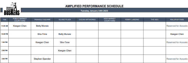 Tuesday, January 14th 2025: Outdoor Amplified Performance Schedule