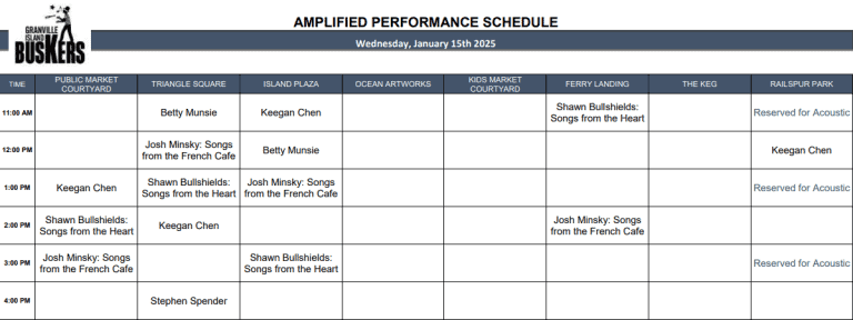 Wednesday, January 15th 2025: Outdoor Amplified Performance Schedule