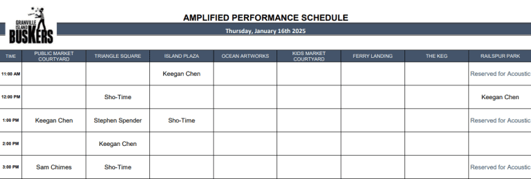 Thursday, January 16th 2025: Outdoor Amplified Performance Schedule