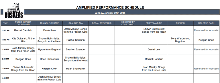 Sunday, January 19th 2025: Outdoor Amplified Performance Schedule