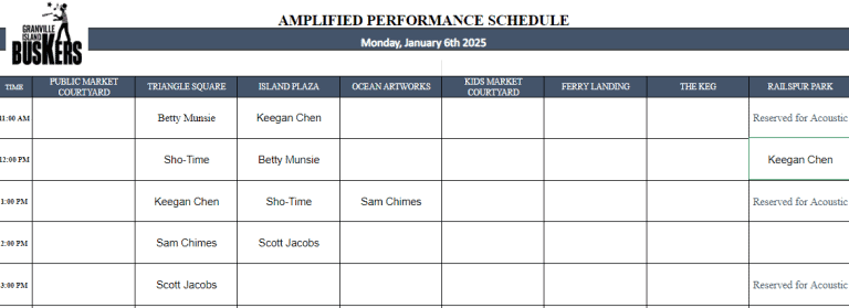 Tuesday, January 7 2025: Outdoor Amplified Performance Schedule