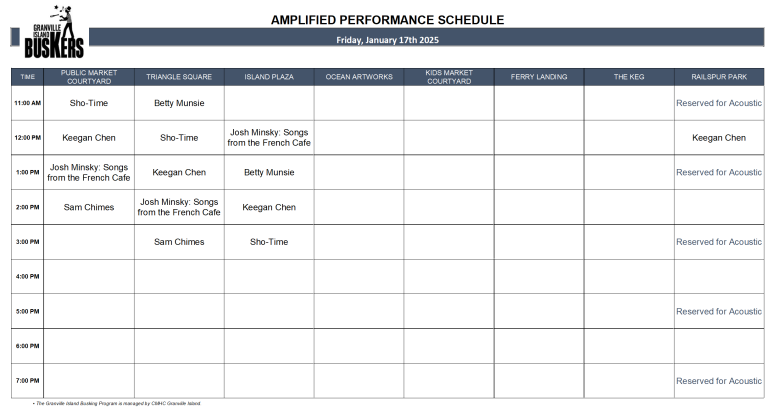 Friday, January 17h 2025: Outdoor Amplified Performance Schedule