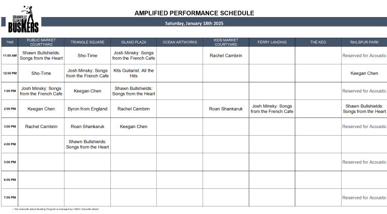 Saturday, January 18th 2025: Outdoor Amplified Performance Schedule