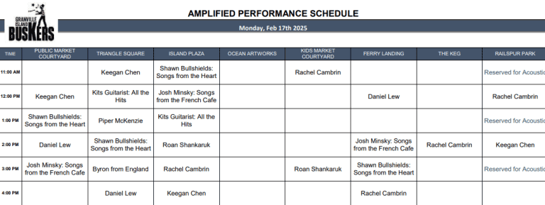 Monday, Feb 17th 2025: Outdoor Amplified Performance Schedule