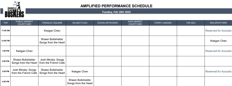 Tuesday, Feb 18th 2025: Outdoor Amplified Performance Schedule