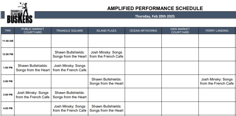 Thursday, Feb 20th 2025: Outdoor Amplified Performance Schedule