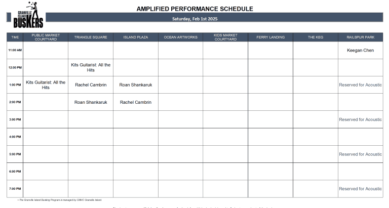 Saturday, Feb 1st 2025: Outdoor Amplified Performance Schedule